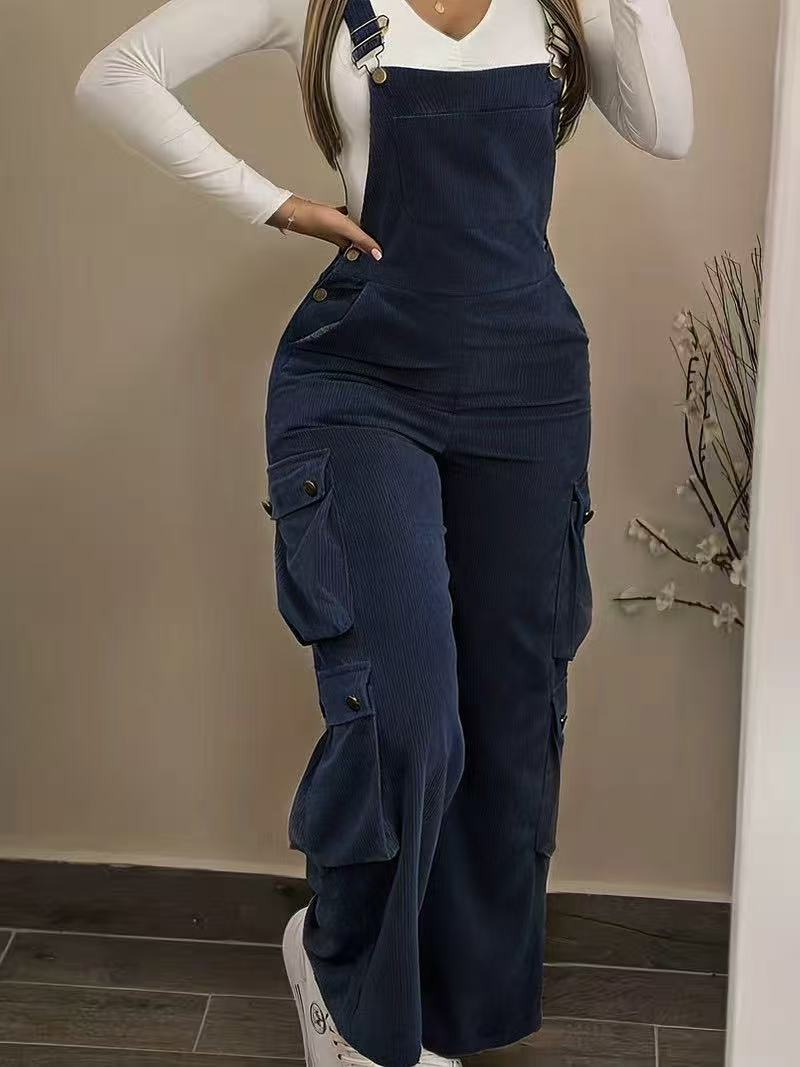 Women's Corduroy Cargo Overalls High Waist Jumpsuit