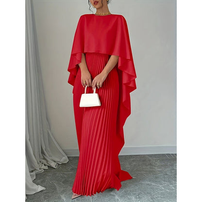 Women's Pleated Cape Sleeve Asymmetric Maxi Dress