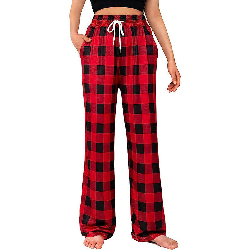 Womens Plaid Pajama Pants Drawstring Wide Leg Lounge