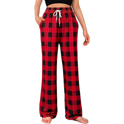 Womens Plaid Pajama Pants Drawstring Wide Leg Lounge