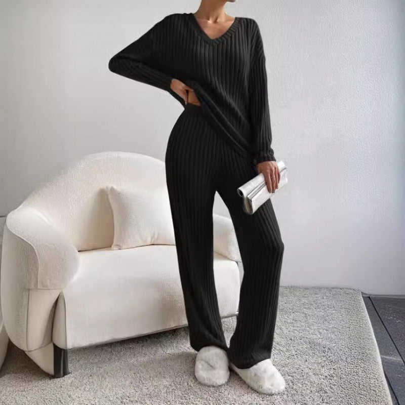 Ribbed Knit V-Neck Sweater Wide Leg Pants Set