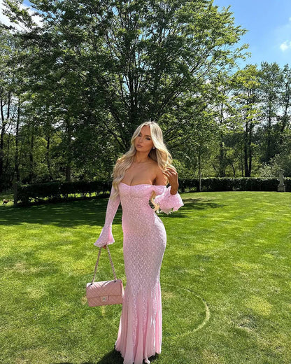 Off Shoulder Lace Maxi Dress Bell Sleeve Mermaid Formal