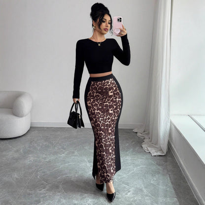 Leopard Print Colorblock Maxi Skirt High Waist Slit Skirt