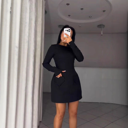 Black Long Sleeve A-Line Mini Dress Beaded Heart Pockets