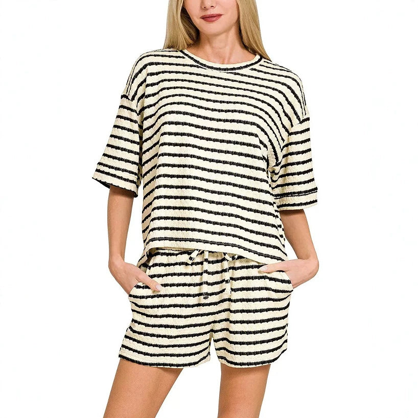 Stripe Textured Knit Lounge Set Casual Shorts Outfit