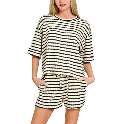 Stripe Textured Knit Lounge Set Casual Shorts Outfit
