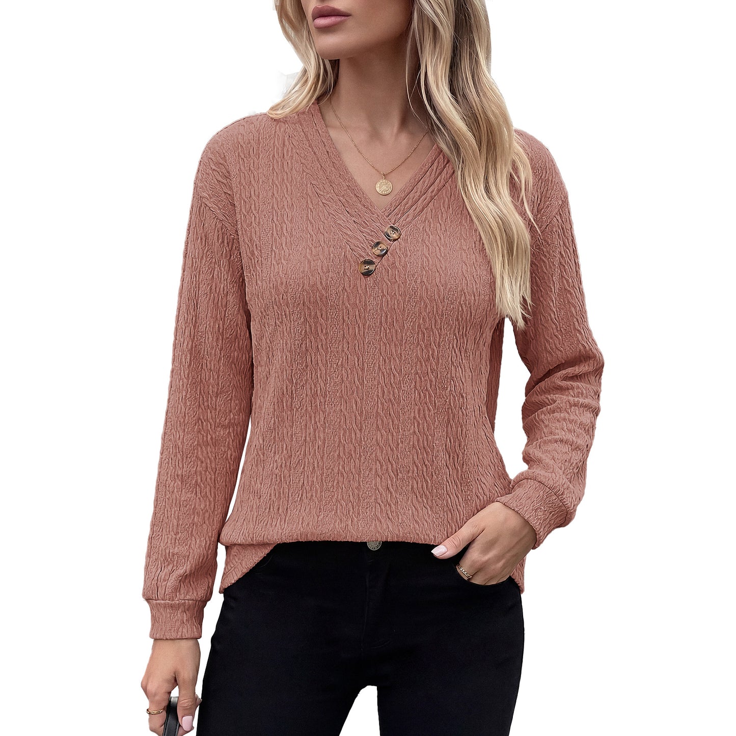 Women's V Neck Button Long Sleeve Textured Casual Blouse