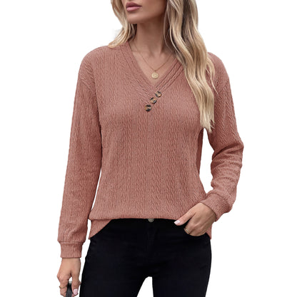 Women's V Neck Button Long Sleeve Textured Casual Blouse