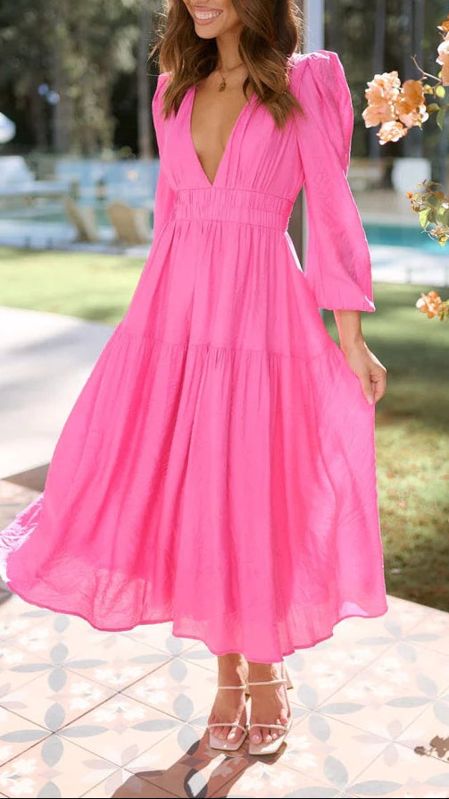 Women's V Neck Long Sleeve Smocked Waist Flowy Maxi Dress