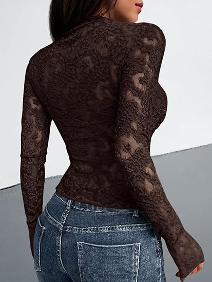 Sheer Lace Mock Neck Long Sleeve Fitted Top