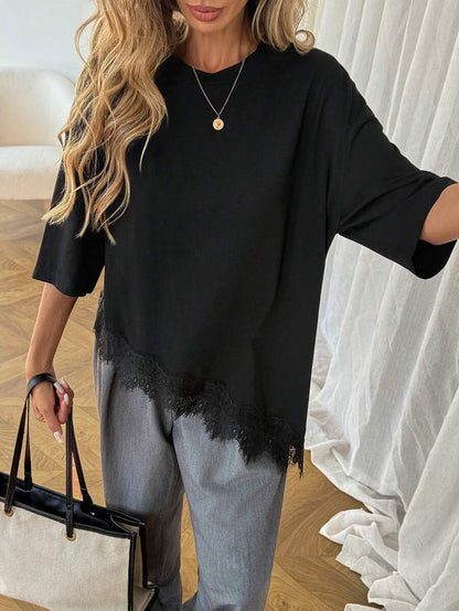 Lace Trim T Shirt Loose Fit Short Sleeve Top