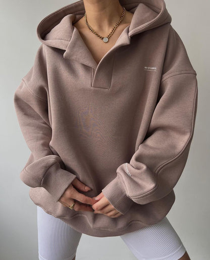 Women's Oversized Fleece V-Neck Hoodie Pullover