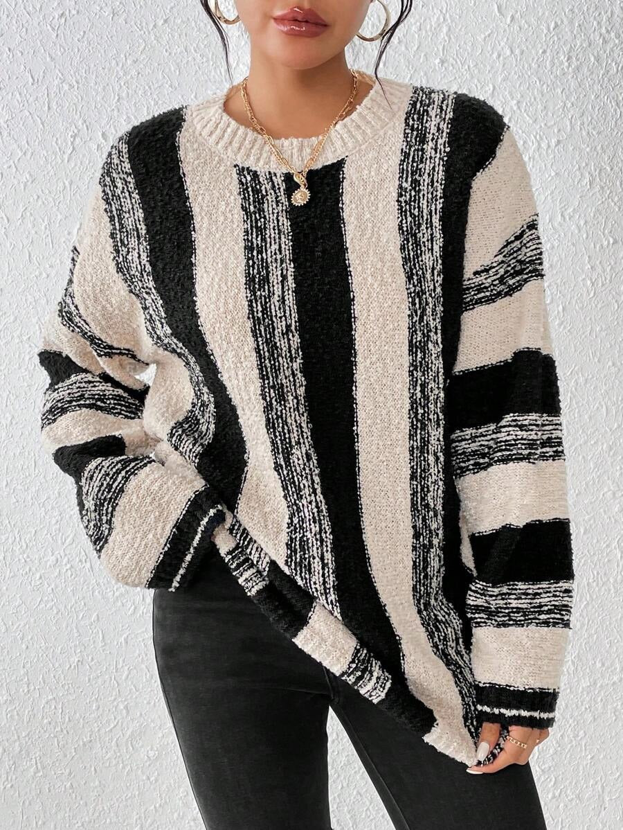 Womens Oversized Striped Sweater Crewneck Knit Pullover