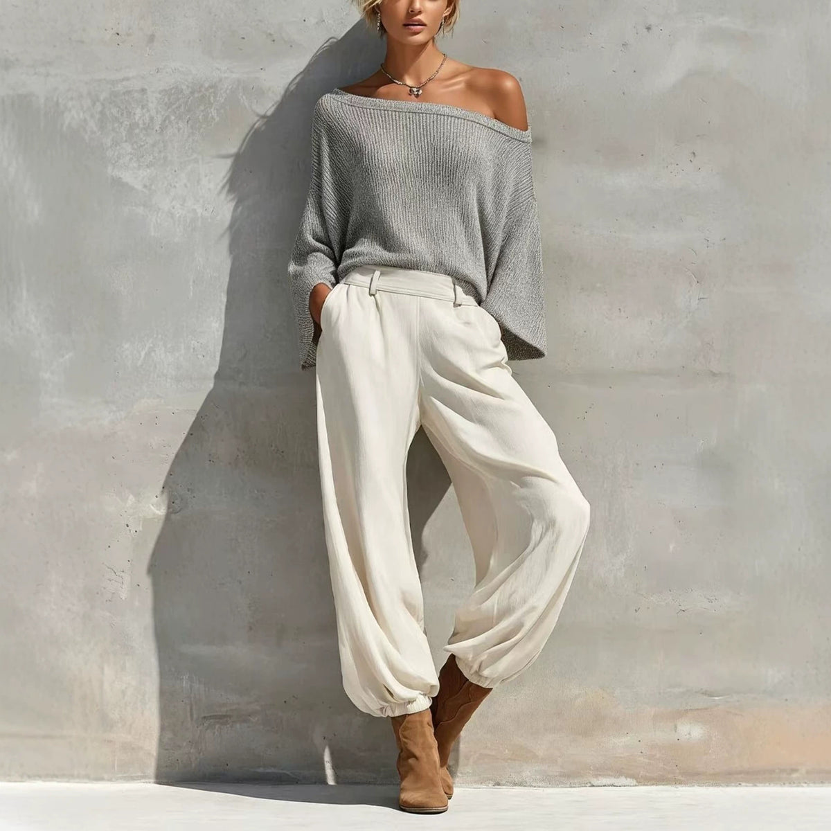 Women's Off Shoulder Knit Top & Wide Leg Pants Set