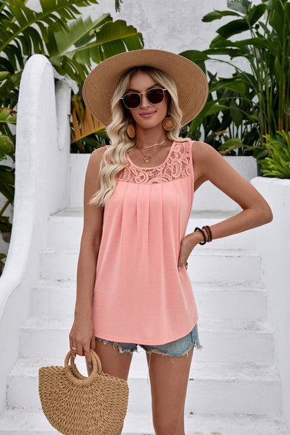 White Lace Yoke Sleeveless Pleated Loose Fit Tank Top