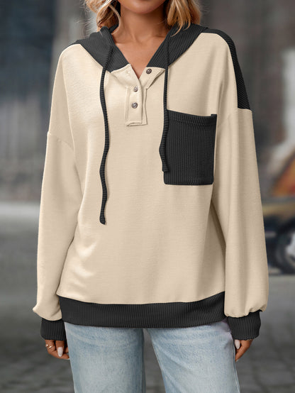 2025 Fall/Winter Colorblock Knit Trim Hoodie – Casual Pullover Sweatshirt