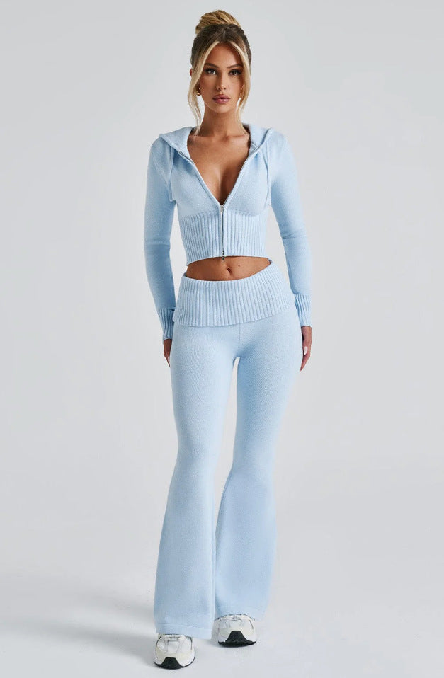 Women's 2 Piece Knit Hoodie Crop Top Pants Set