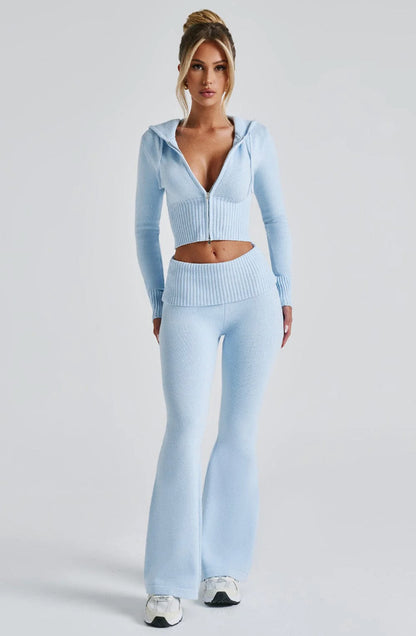 Women's 2 Piece Knit Hoodie Crop Top Pants Set