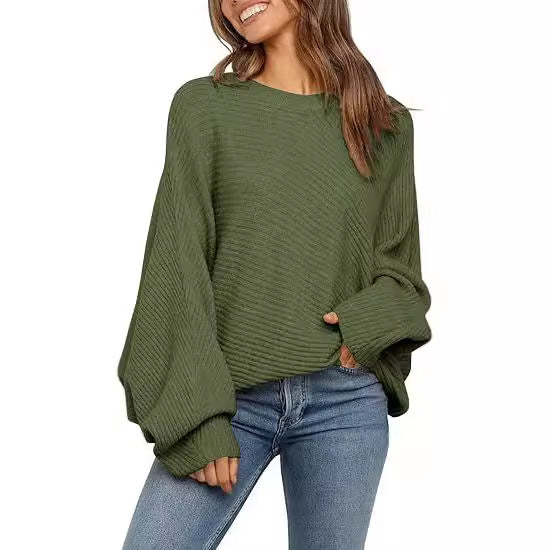 Women's Oversized Batwing Sleeve Crew Neck Knit Sweater