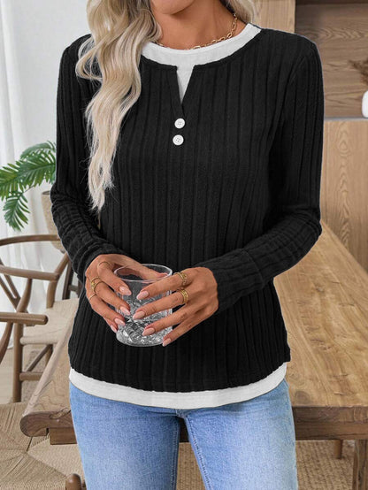 Ribbed Faux Layered Henley Long Sleeve Casual Top