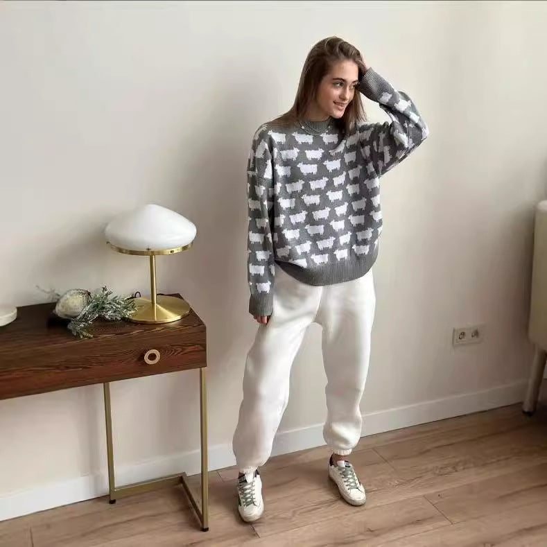 Oversized Crewneck Sheep Print Knit Sweater