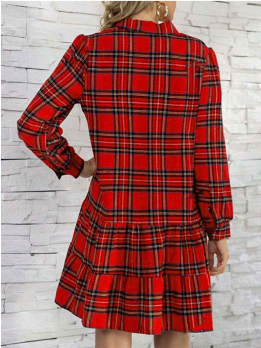 Red Plaid Tiered Long Sleeve Shirt Dress