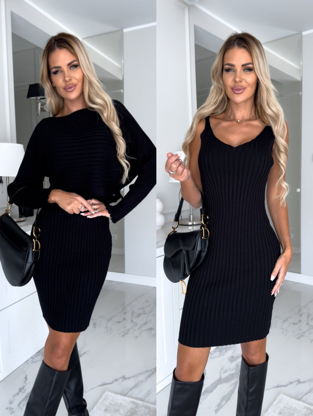 Women's Ribbed Knit Long Sleeve Top & Dress Two Piece Set