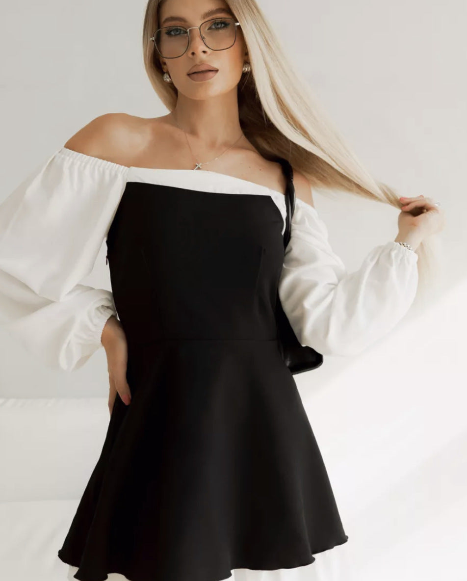 Black White Square Neck Puff Sleeve Ruffle A-Line Dress