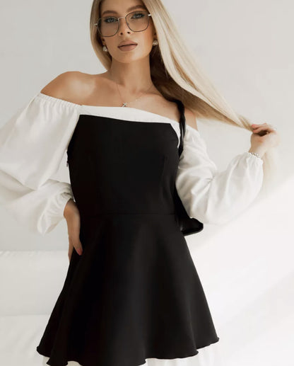 Black White Square Neck Puff Sleeve Ruffle A-Line Dress