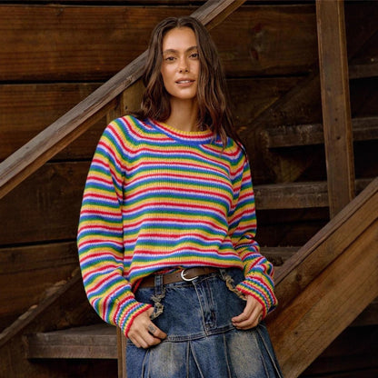 Women's Rainbow Striped Oversized Crewneck Sweater