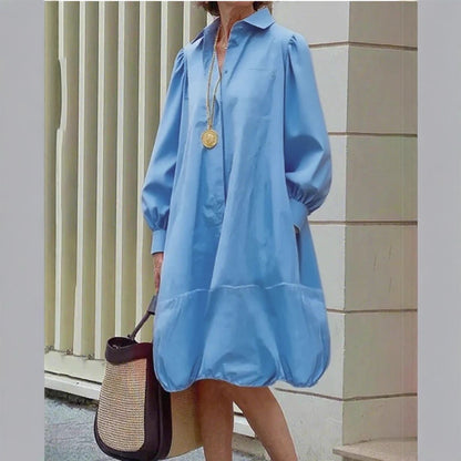 Women's Puff Sleeve Button Down Bubble Hem Midi Dress