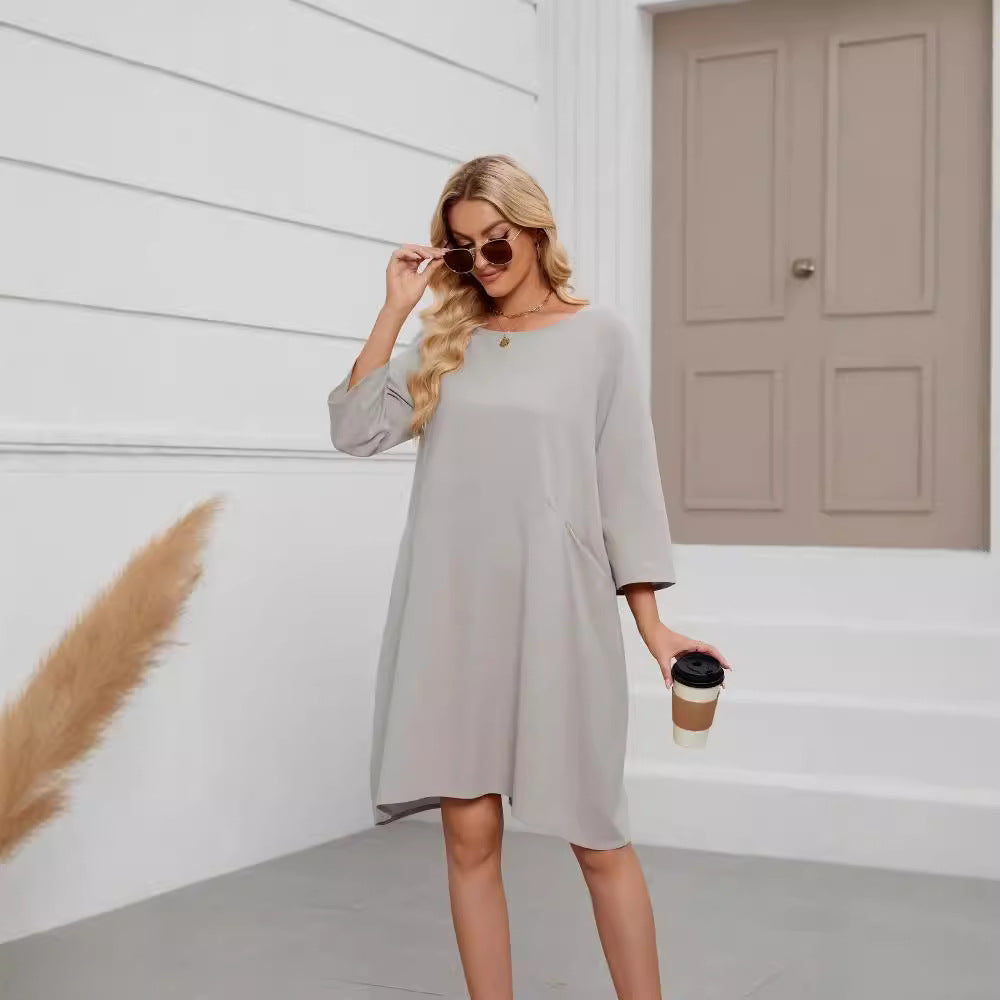 Women's Cotton Linen A-Line Midi Dress Casual with Pockets
