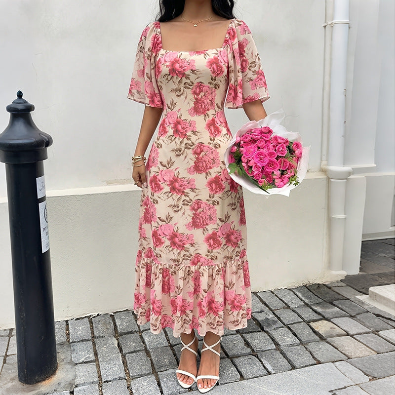 Floral Square Neck Maxi Dress Flutter Sleeve Cottagecore