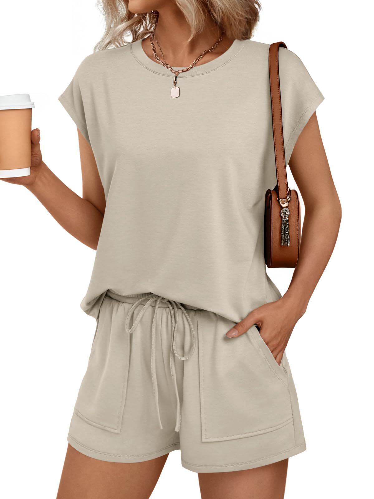 Solid Knit Shorts Set Crew Neck Pocket Lounge Outfit