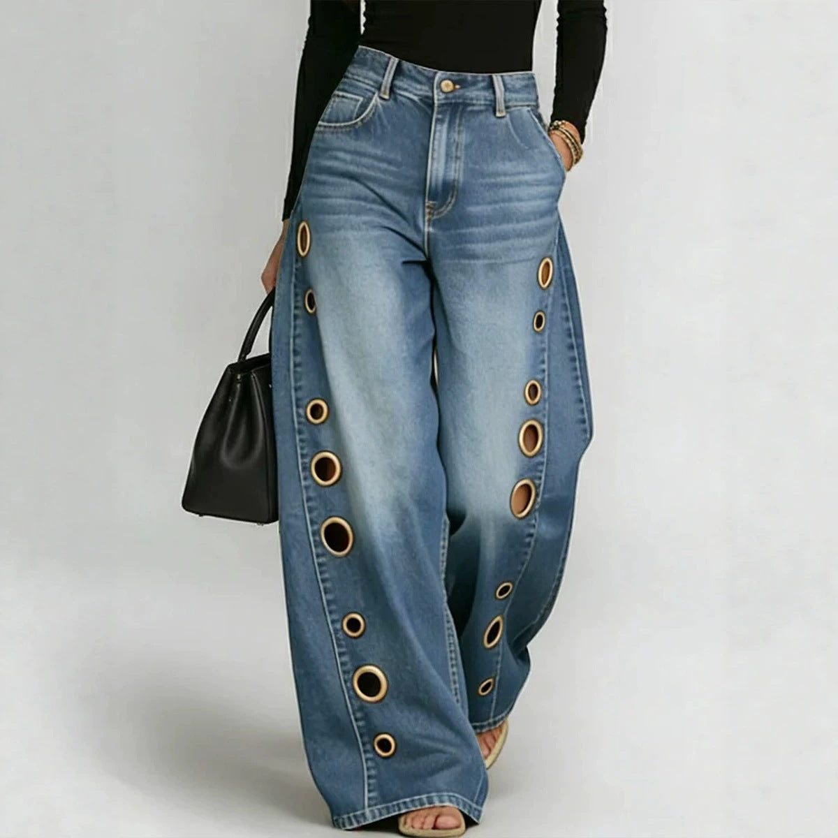 Vintage Wash Metal Eyelet Baggy Wide Leg Cut Out Jeans