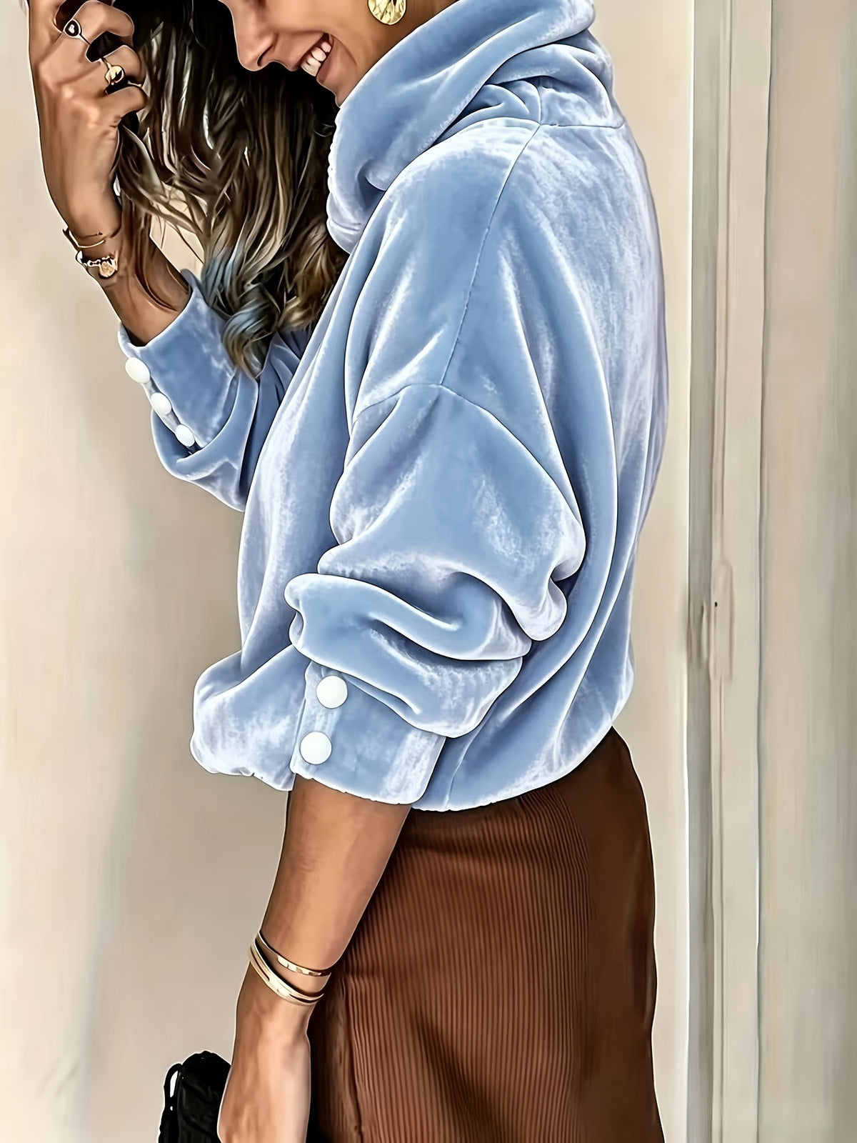 Cowl Neck Fleece Pullover Button Cuff Batwing Sleeve