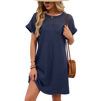 Blue Gray Yoke Loose T Shirt Dress Crew Neck