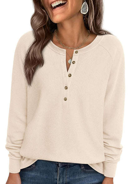 Waffle Knit Henley Top Button V Neck Long Sleeve Tee