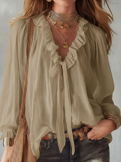 Women's Ruffle V Neck Tie Front Long Sleeve Blouse