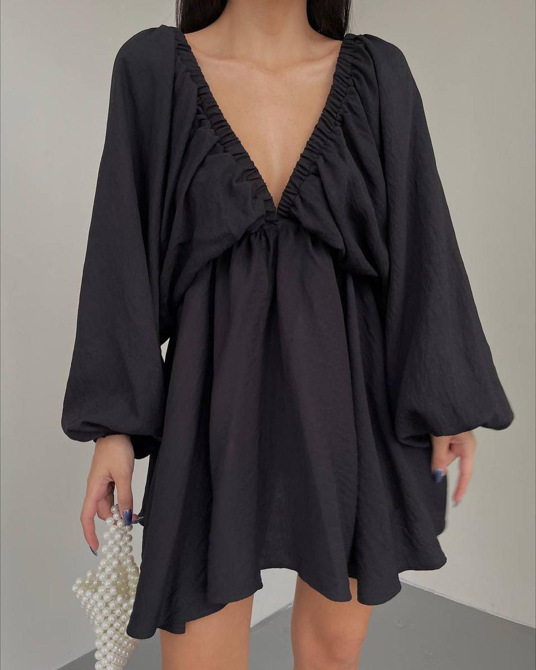 Women's V Neck Puff Sleeve Ruched Mini Flare Dress