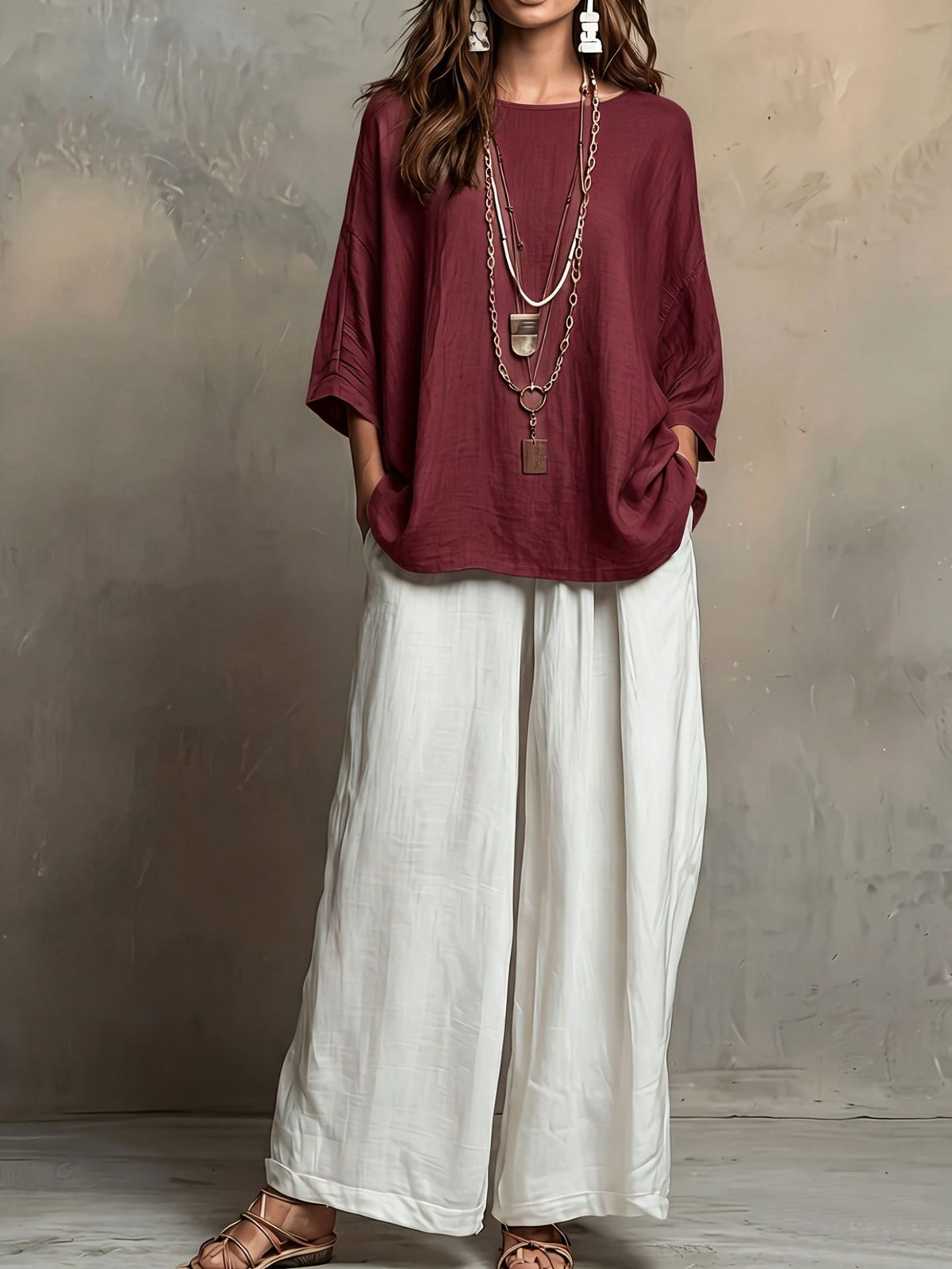 Women's Boho Color Block Two Piece Set Wide Leg Pants