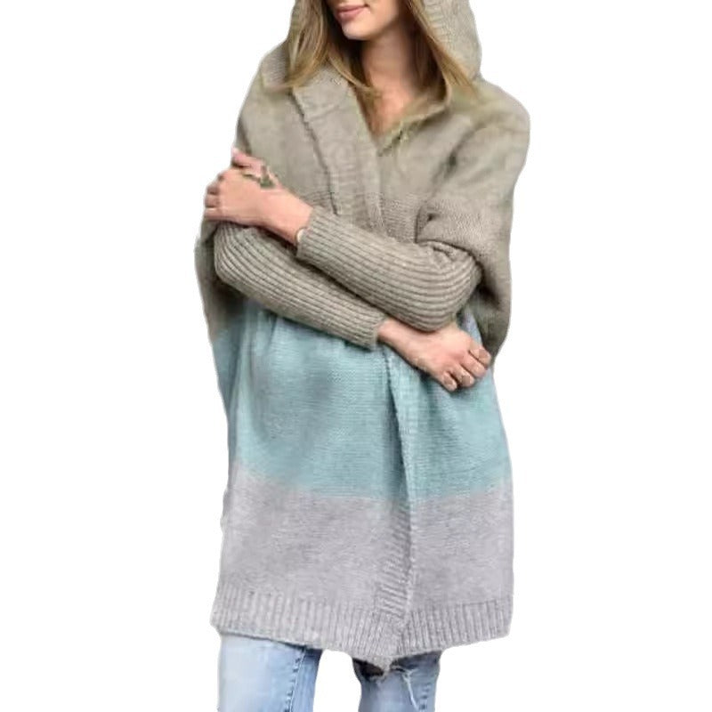 Women's Oversized Hooded Color Block Cardigan Open Front