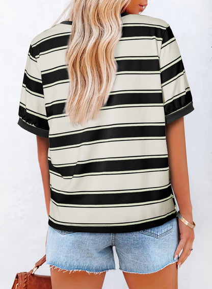 Women Striped Color Block Tee Casual Loose Fit Summer Top