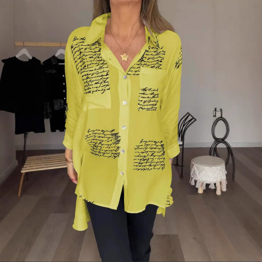 Women's Letter Print V Neck Button Down Oversized Blouse