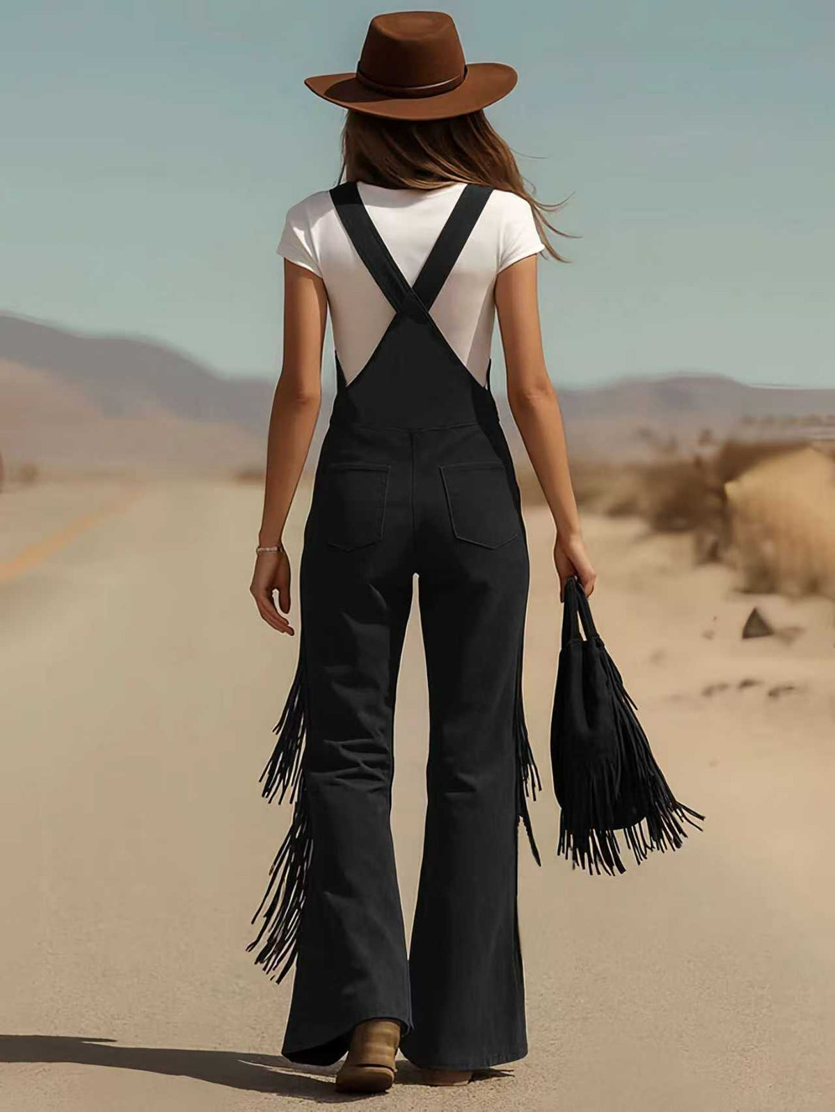 Women's Fringe Suede Overalls Wide Leg Western Boho