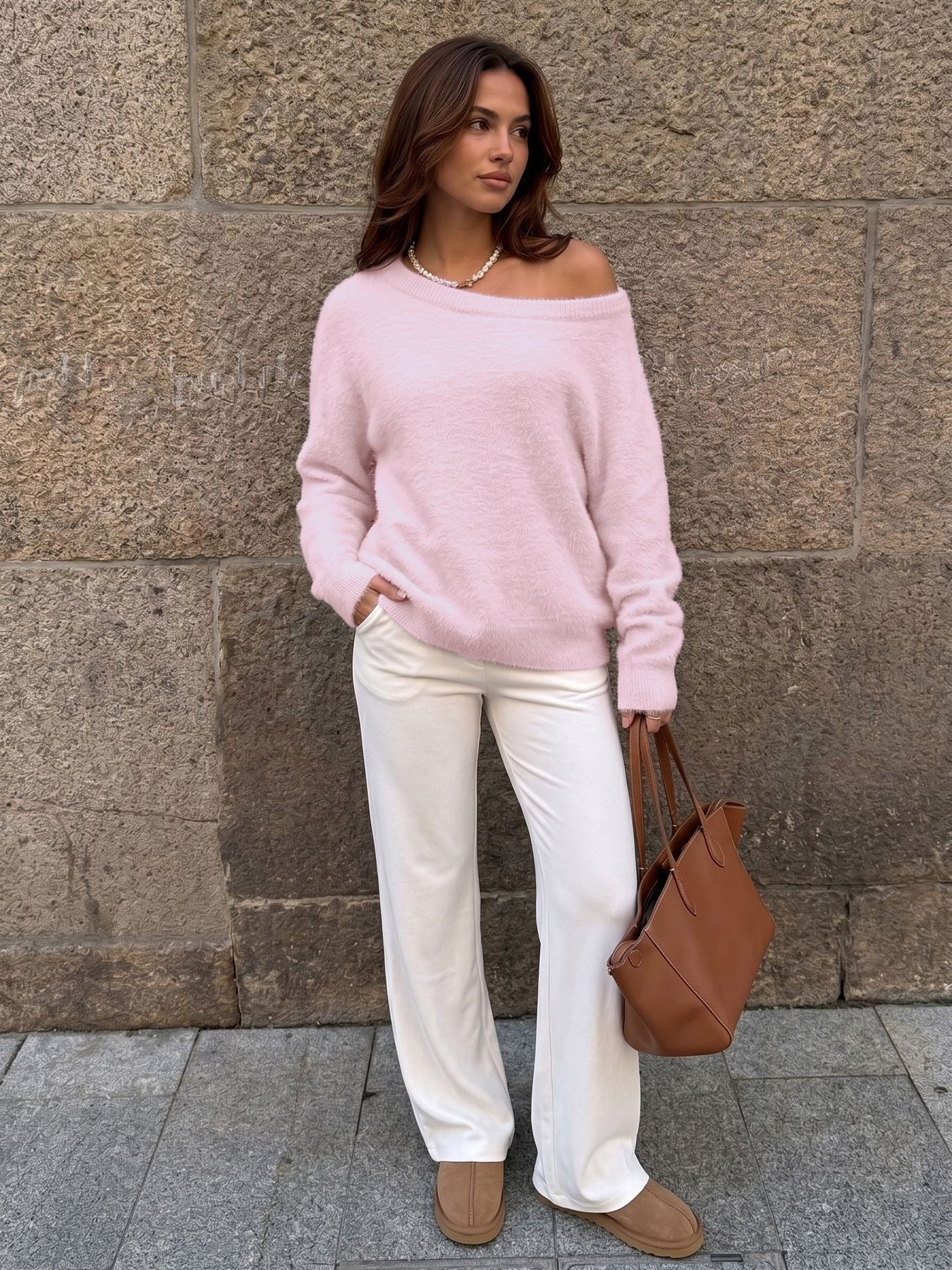 Pink Fuzzy Off Shoulder Sweater Oversized Pullover