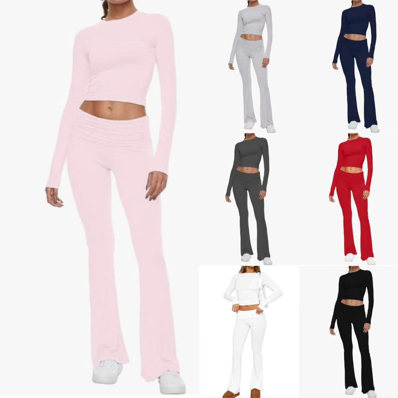 Y2K Long Sleeve Crop Top & Flare Pants Two Piece Set