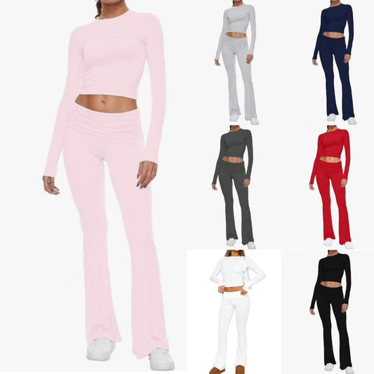 Y2K Long Sleeve Crop Top & Flare Pants Two Piece Set