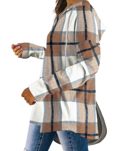 Women's Plaid Fleece V-Neck Hoodie Pullover