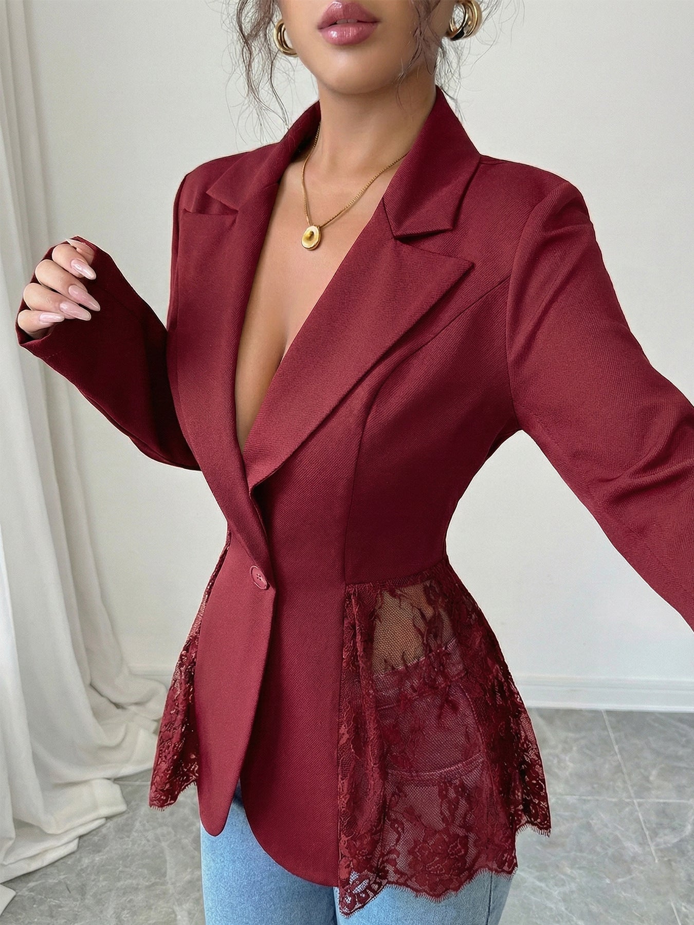 Colorblock Lace Waist Fitted A-Line Blazer for Women